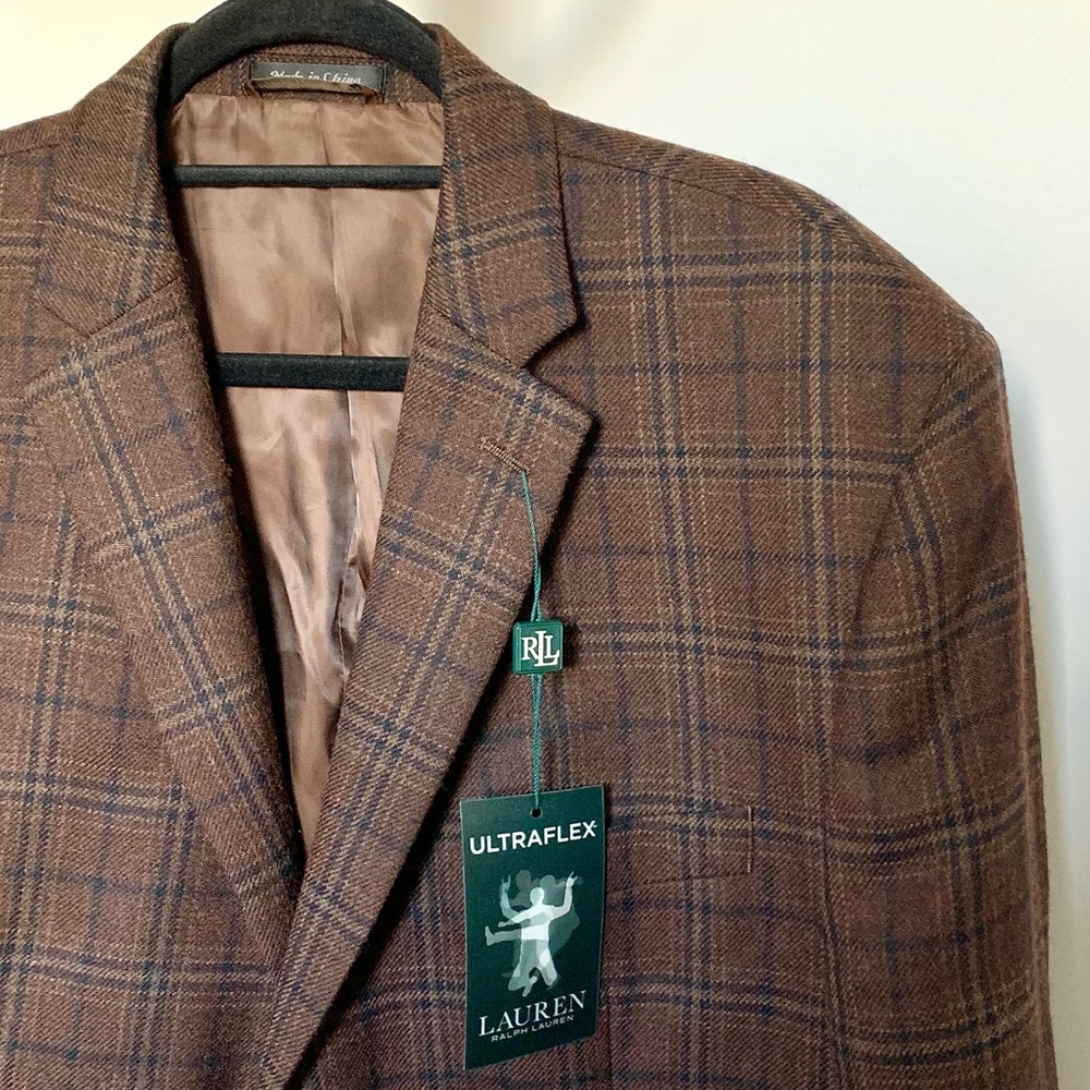 NEW Lauren Ralph Lauren Lexington Ultra Flex Brown Plaid Wool Sport Coat 46R